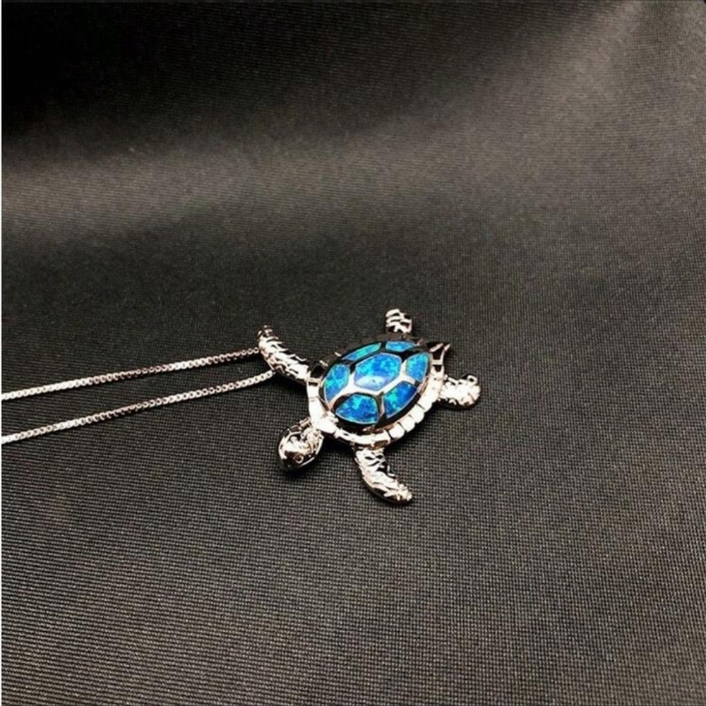 ⚠️Clearance Royal Blue Turtle Pendant Silver Necklace SS